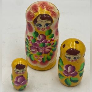Traditional Russian Yellow Hand Painted Floral Designed Wood 3pc Nesting Dolls